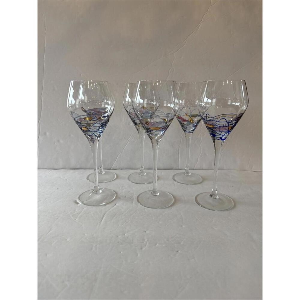 (6) MILANO ROMANIA Mosaic Teardrop Wine Goblets Stained Glass 8 7/8” Tall